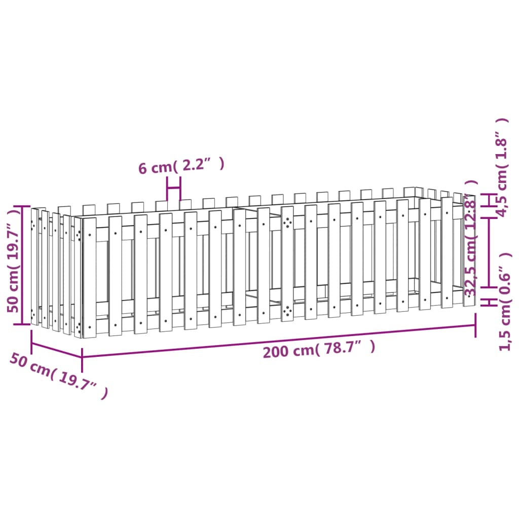 vidaXL Garden Raised Bed with Fence Design 200x50x50 cm Solid Wood Pine