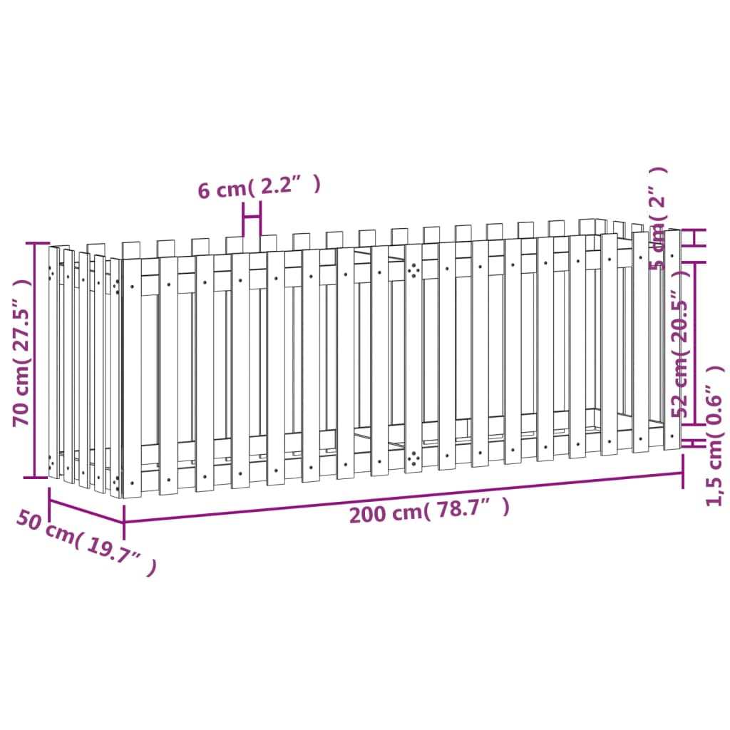 vidaXL Garden Raised Bed with Fence Design 200x50x70 cm Solid Wood Pine