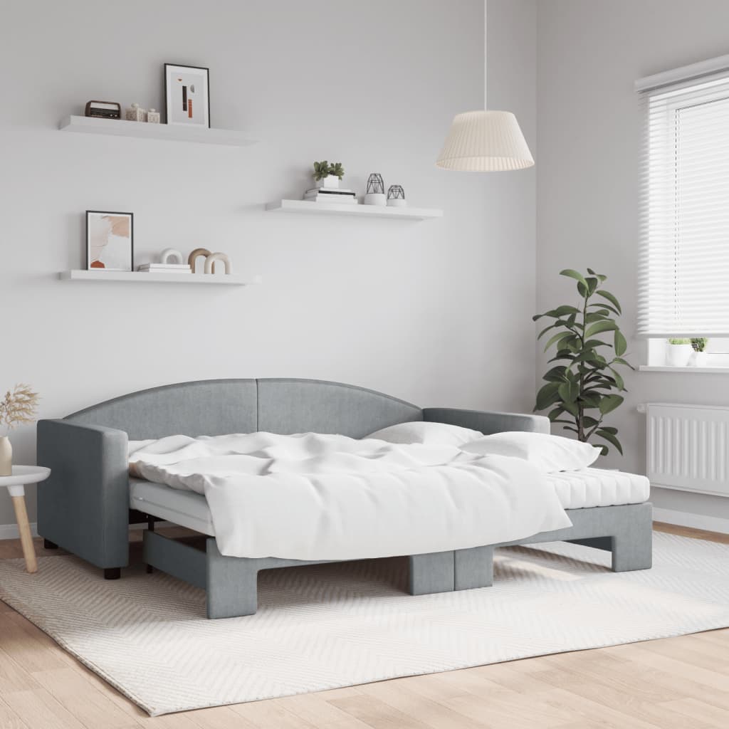 vidaXL Daybed with Trundle and Mattresses Light Grey 90x190 cm Fabric