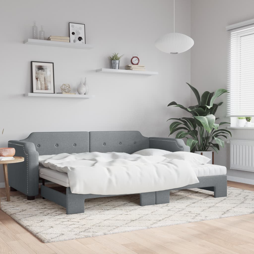 vidaXL Daybed with Trundle and Mattresses Light Grey 90x190 cm Fabric