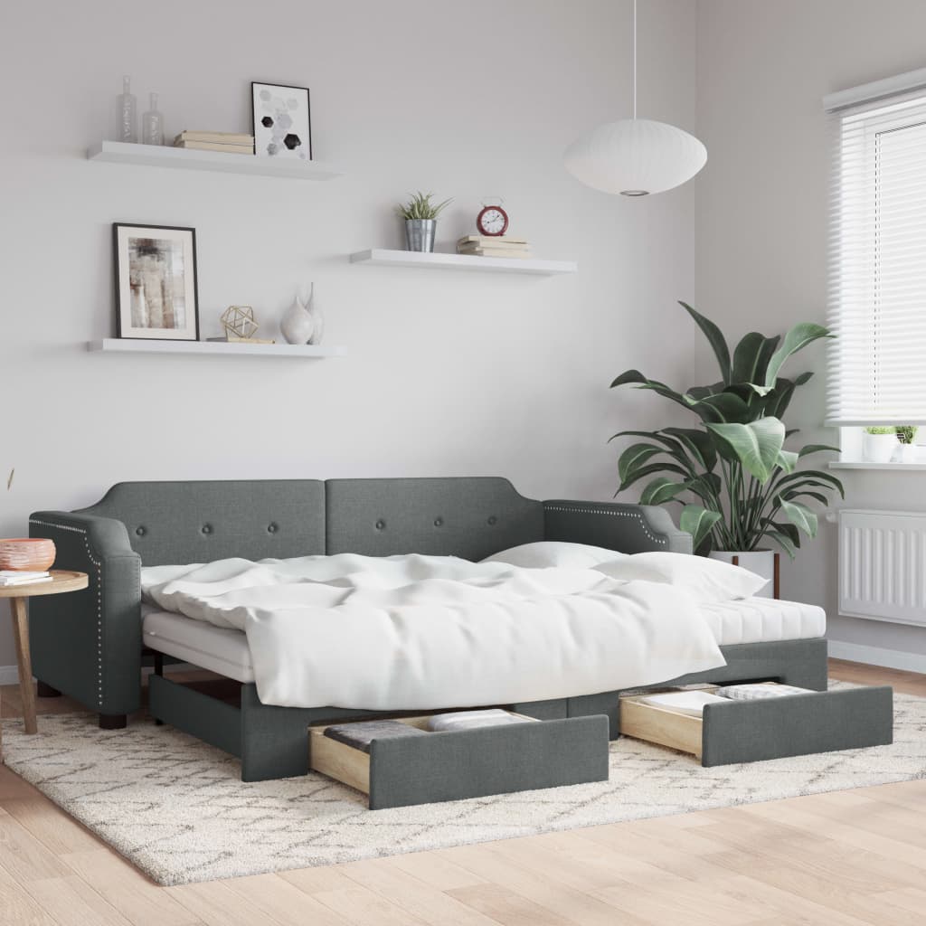 vidaXL Daybed with Trundle and Drawers Dark Grey 90x190 cm Fabric