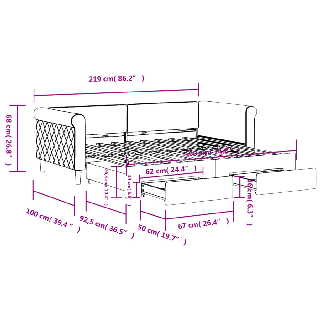 vidaXL Daybed with Trundle&Drawers without Mattress Light Grey 90x190 cm Single