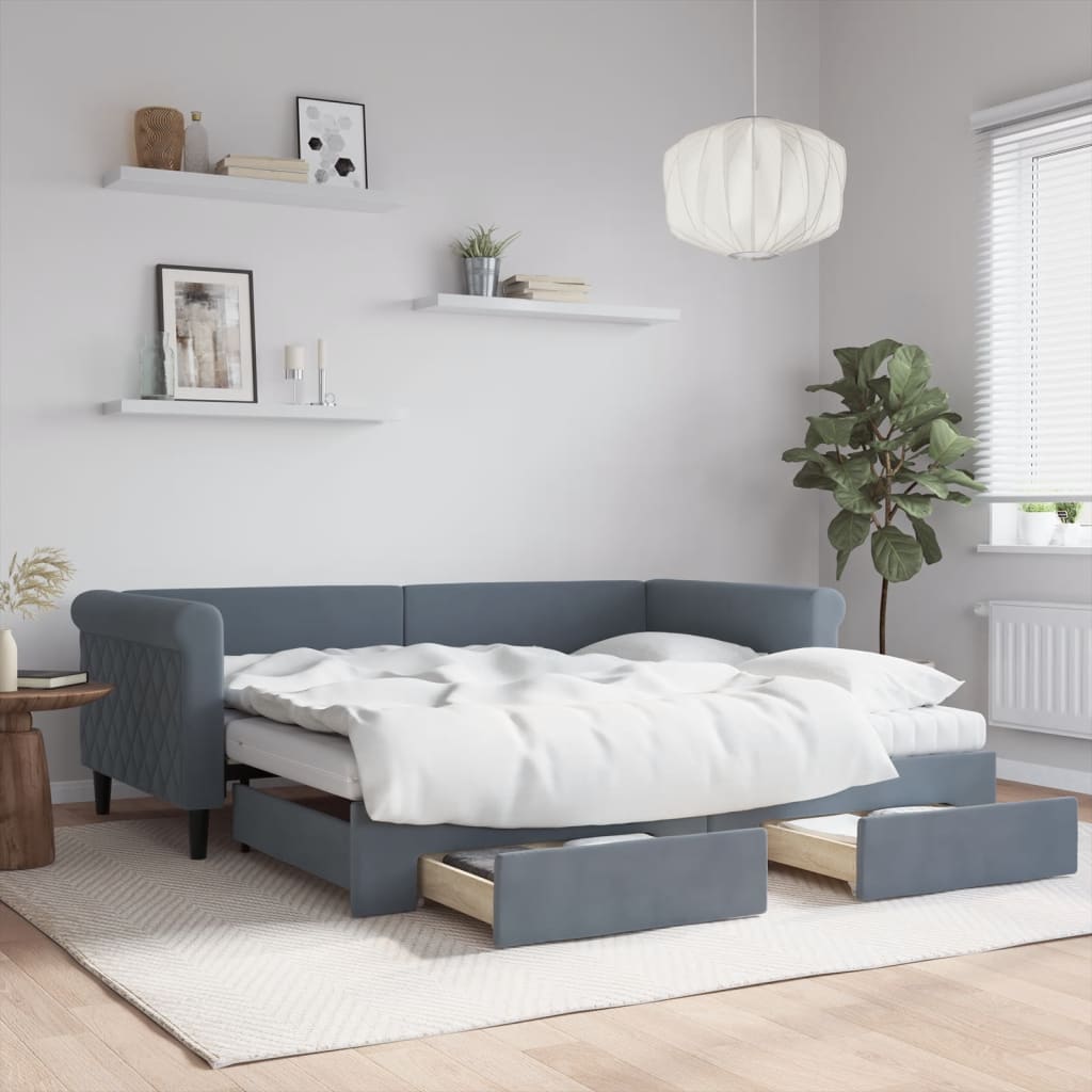 vidaXL Daybed with Trundle and Drawers Dark Grey 90x190 cm Velvet