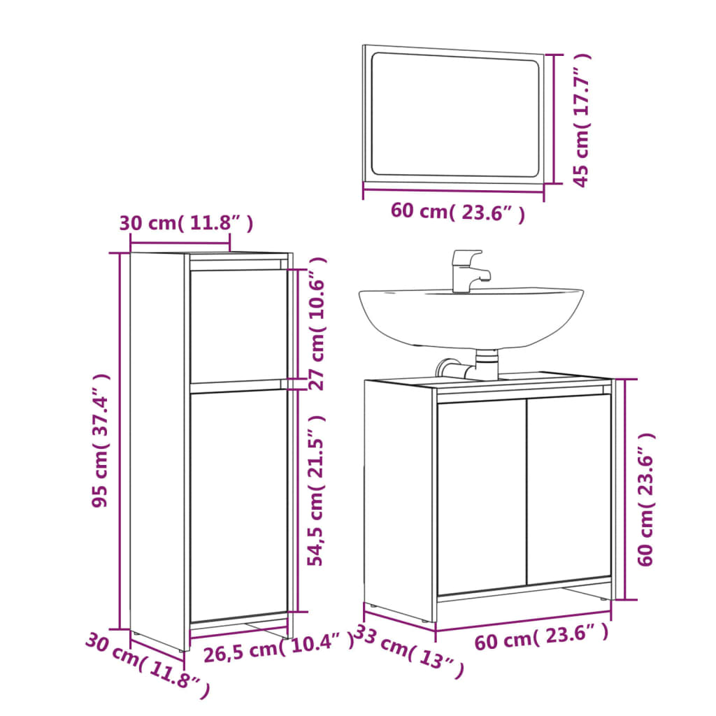vidaXL 3 Piece Bathroom Furniture Set Grey Sonoma Engineered Wood
