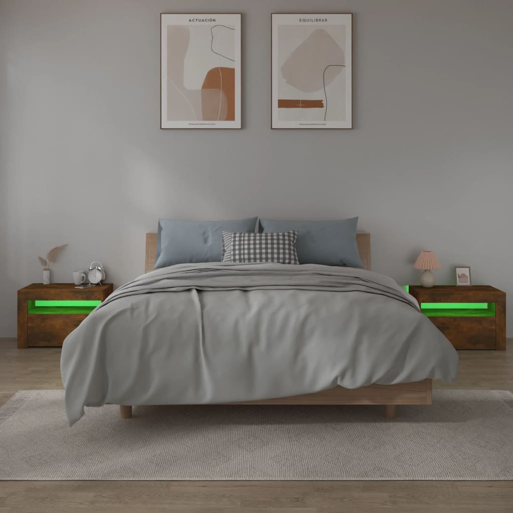vidaXL Bedside Cabinets 2 pcs with LEDs Smoked Oak 60x35x40 cm