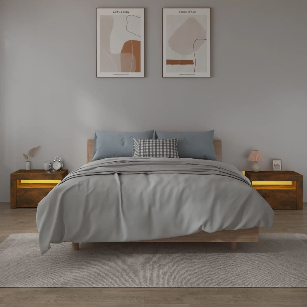 vidaXL Bedside Cabinets 2 pcs with LEDs Smoked Oak 60x35x40 cm