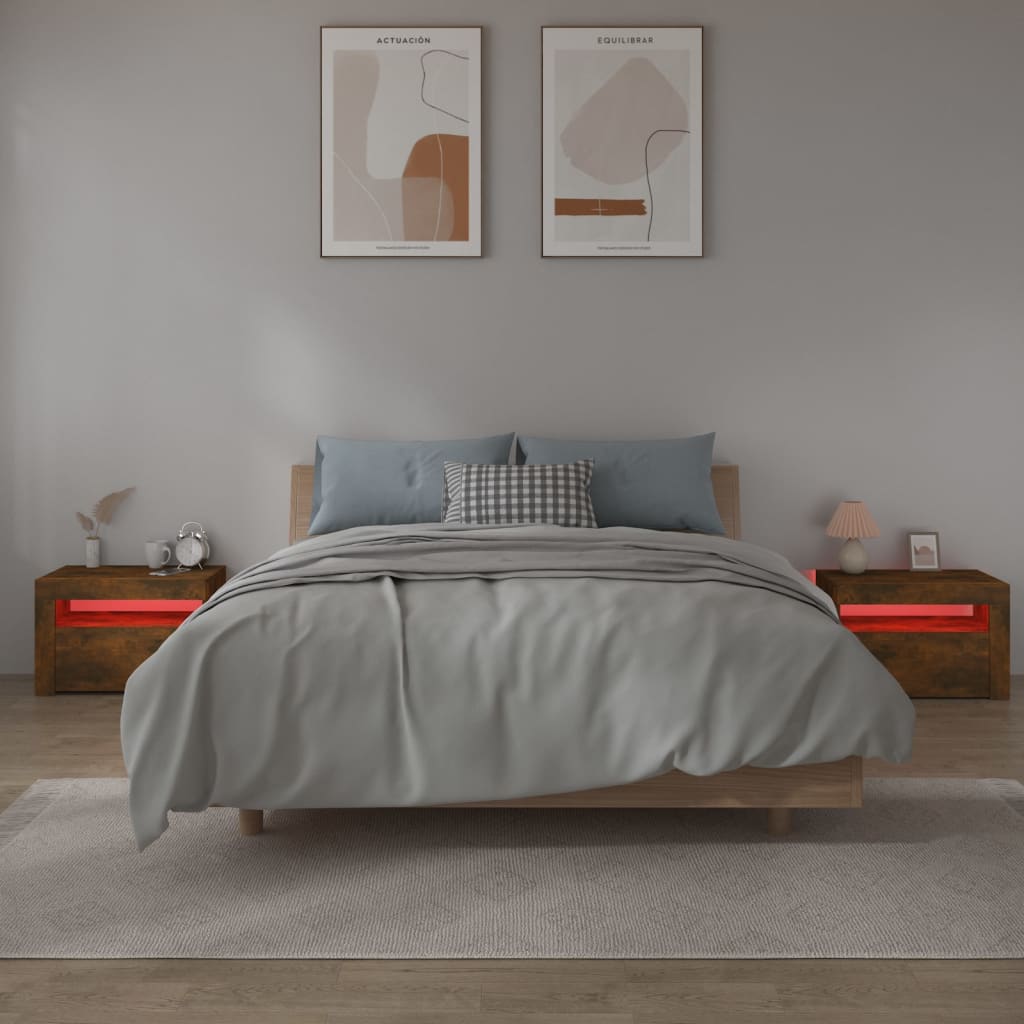 vidaXL Bedside Cabinets 2 pcs with LEDs Smoked Oak 60x35x40 cm