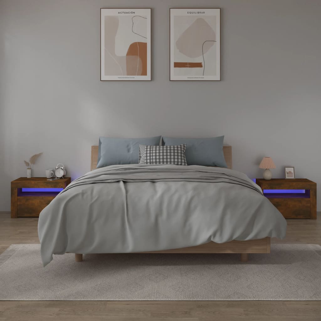 vidaXL Bedside Cabinets 2 pcs with LEDs Smoked Oak 60x35x40 cm