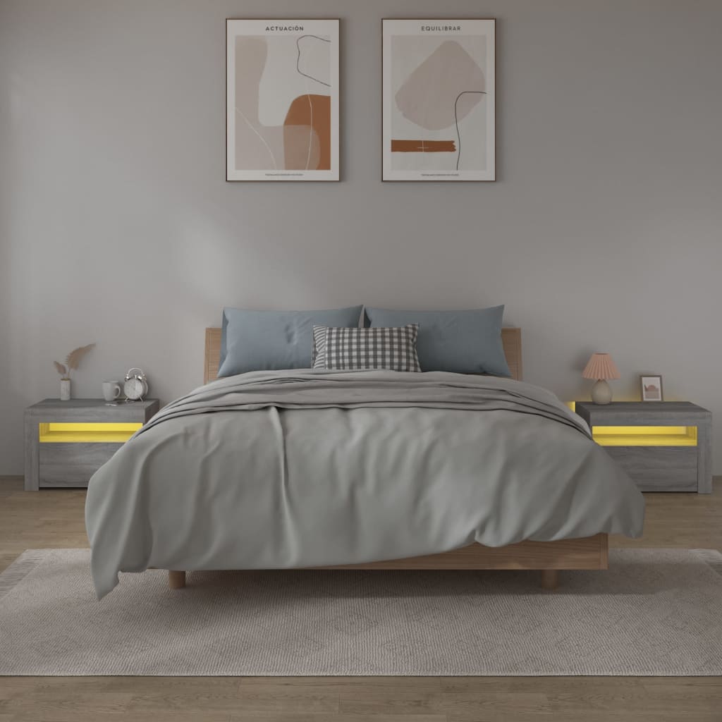 vidaXL Bedside Cabinets 2 pcs with LEDs Grey Sonoma 60x35x40 cm