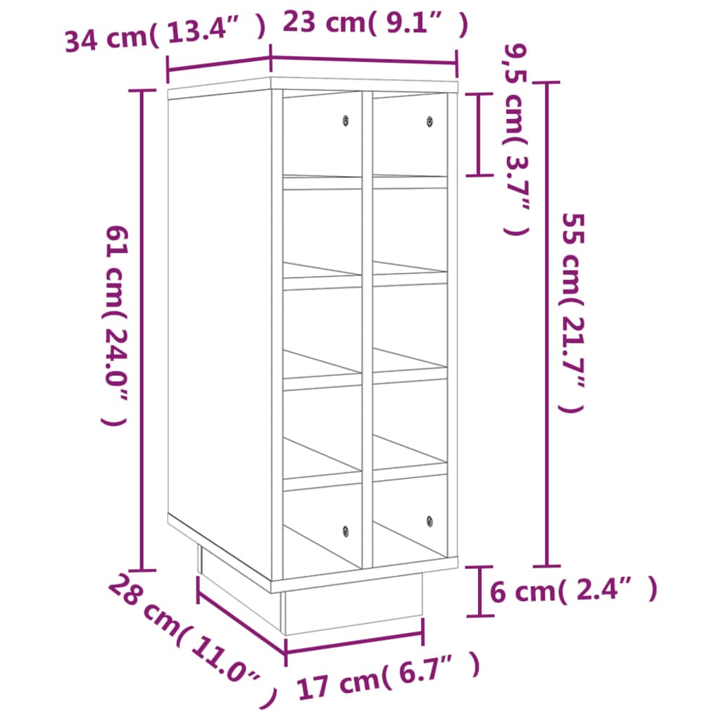 vidaXL Wine Cabinet White 23x34x61 cm Solid Wood Pine