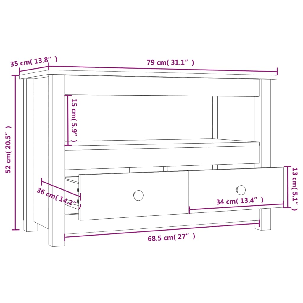 vidaXL TV Cabinet Black 79x35x52 cm Solid Wood Pine