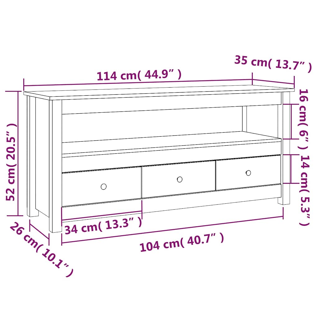 vidaXL TV Cabinet White 114x35x52 cm Solid Wood Pine