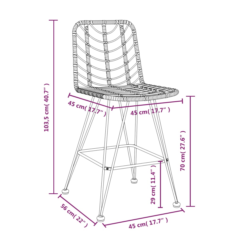 vidaXL Bar Stool | Set of 2 | Black | PE Rattan and Steel | Regular | Footrest