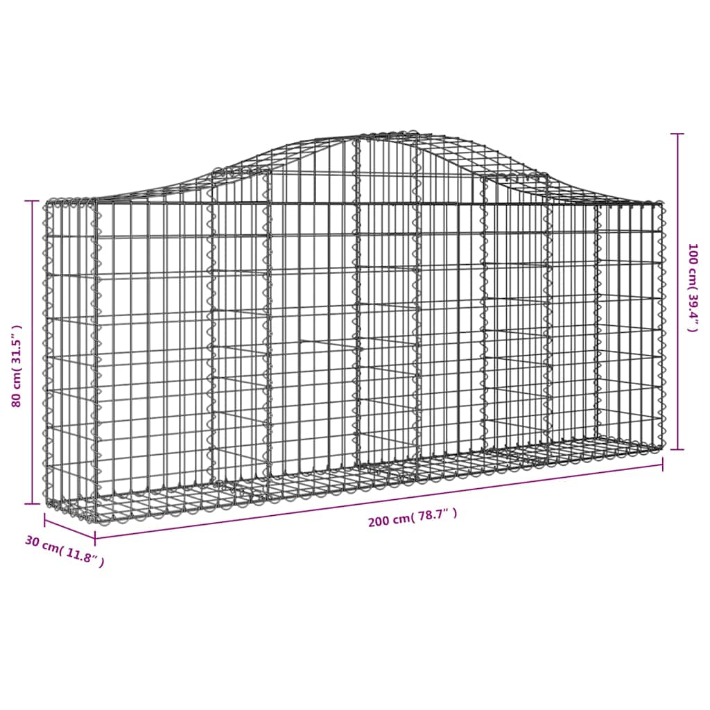 vidaXL Arched Gabion Baskets 8 pcs 200x30x80/100 cm Galvanised Iron