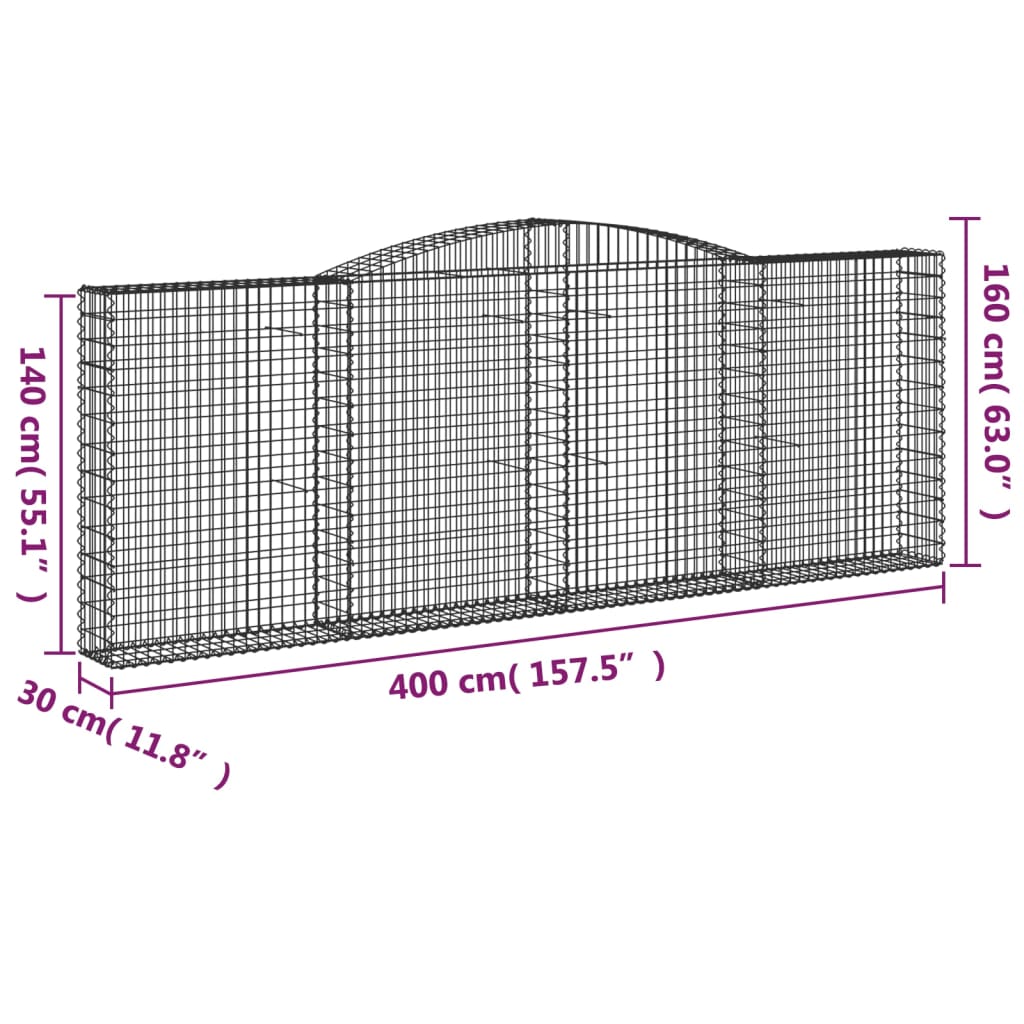 vidaXL Arched Gabion Baskets 4 pcs 400x30x140/160 cm Galvanised Iron