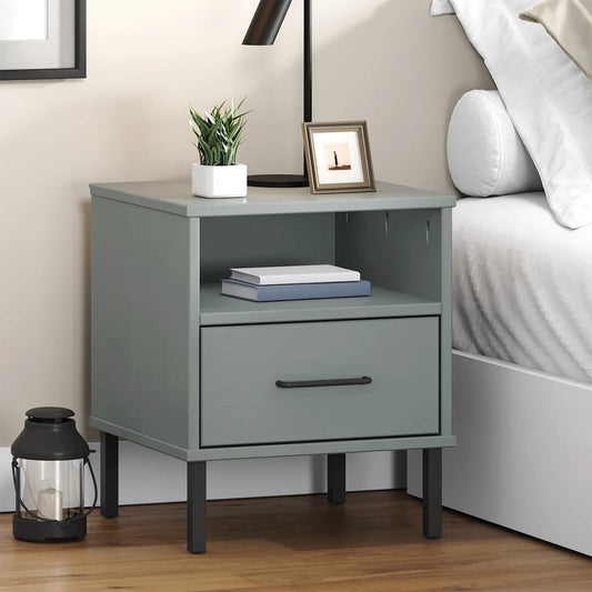 vidaXL Bedside Cabinet with Metal Legs Grey Solid Wood Pine OSLO