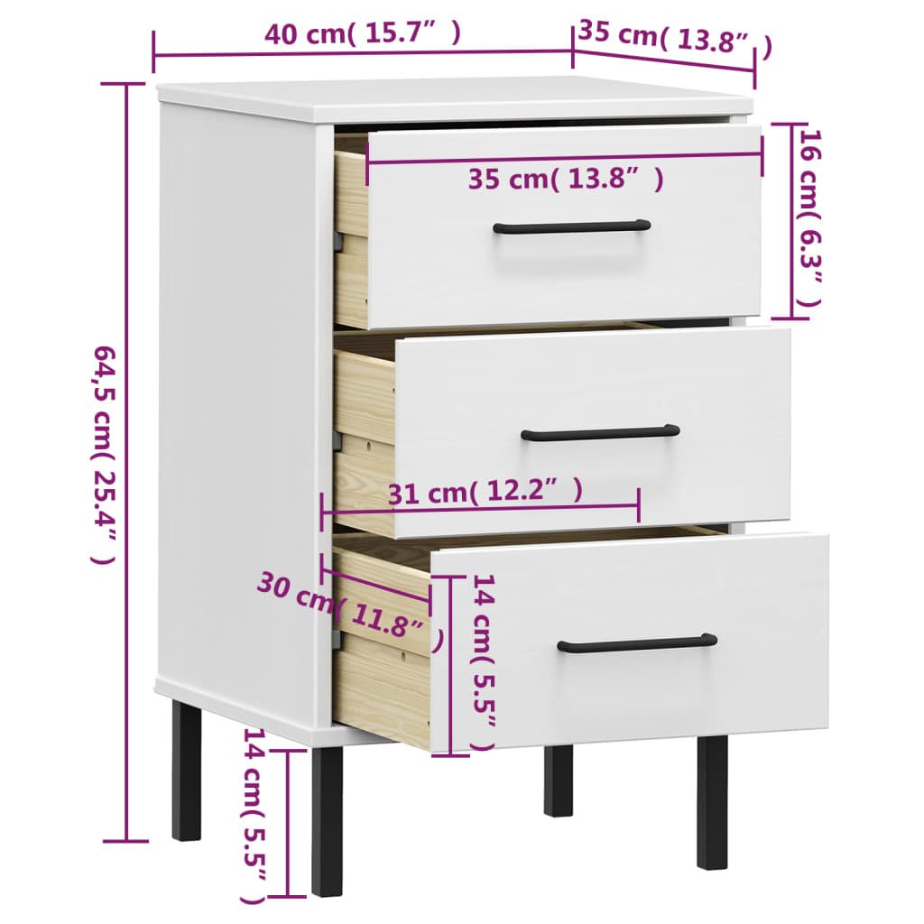 vidaXL Bedside Cabinet with Metal Legs White Solid Wood Pine "OSLO