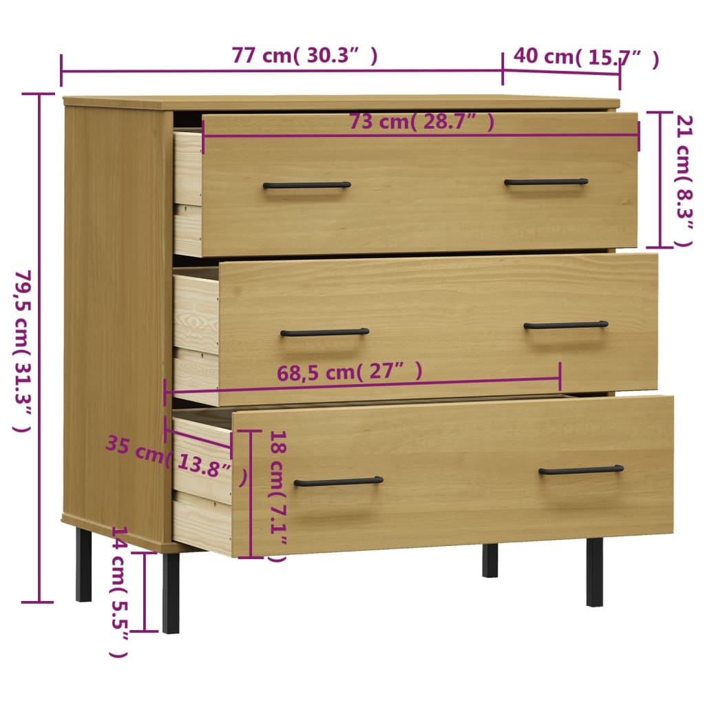 vidaXL Sideboard with 3 Drawers Brown 77x40x79.5 cm Solid Wood OSLO