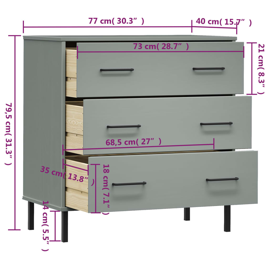 vidaXL Sideboard with 3 Drawers Grey 77x40x79,5 cm Solid Wood "OSLO