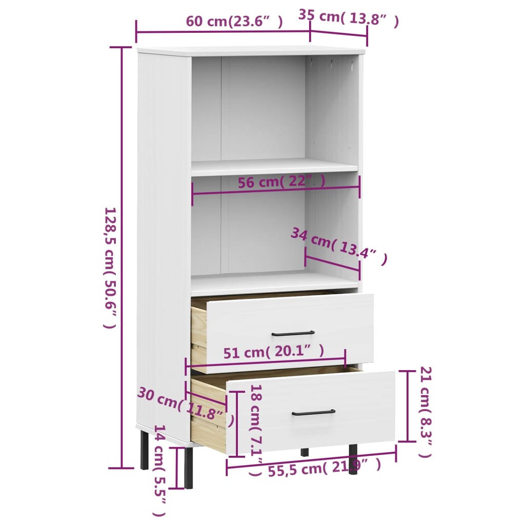 vidaXL Bookcase with 2 Drawers White 60x35x128,5 cm Solid Wood "OSLO