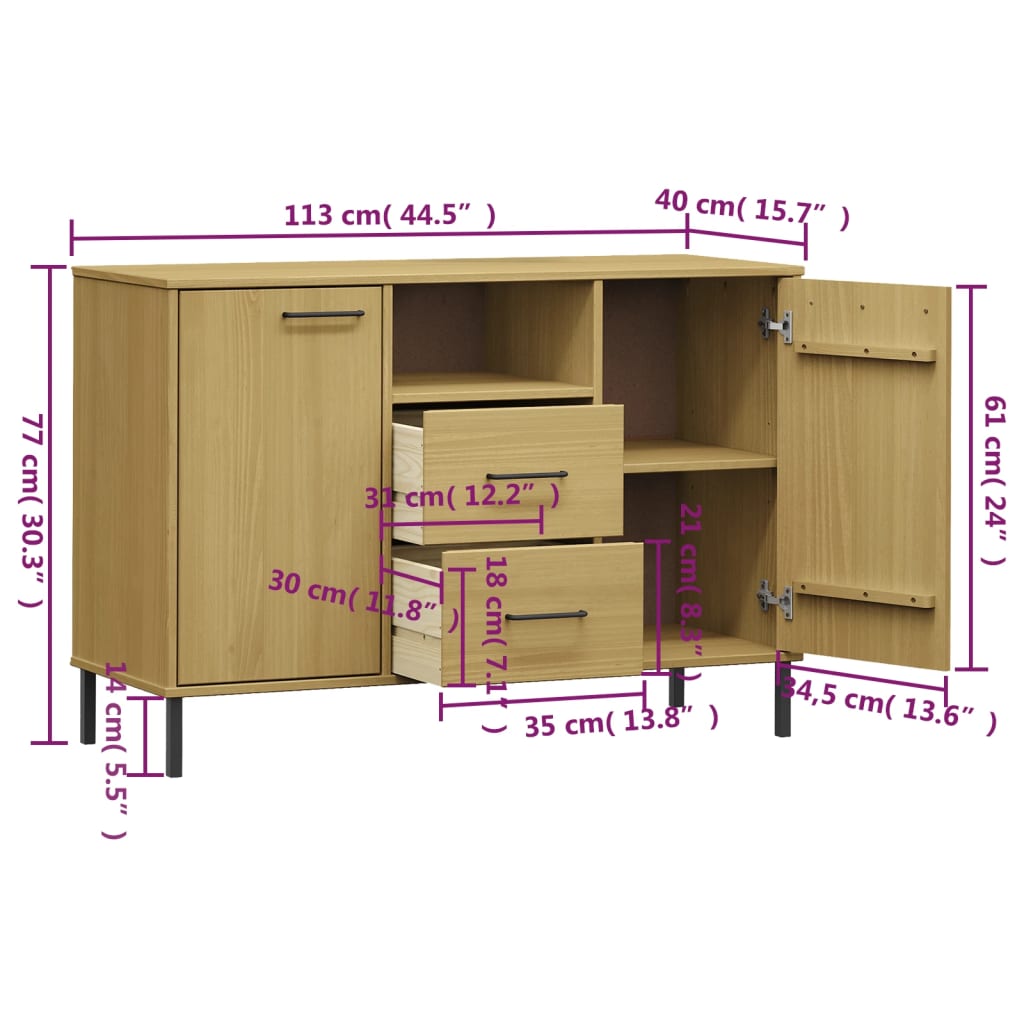 vidaXL Sideboard with Metal Legs Brown 113x40x77 cm Solid Wood OSLO
