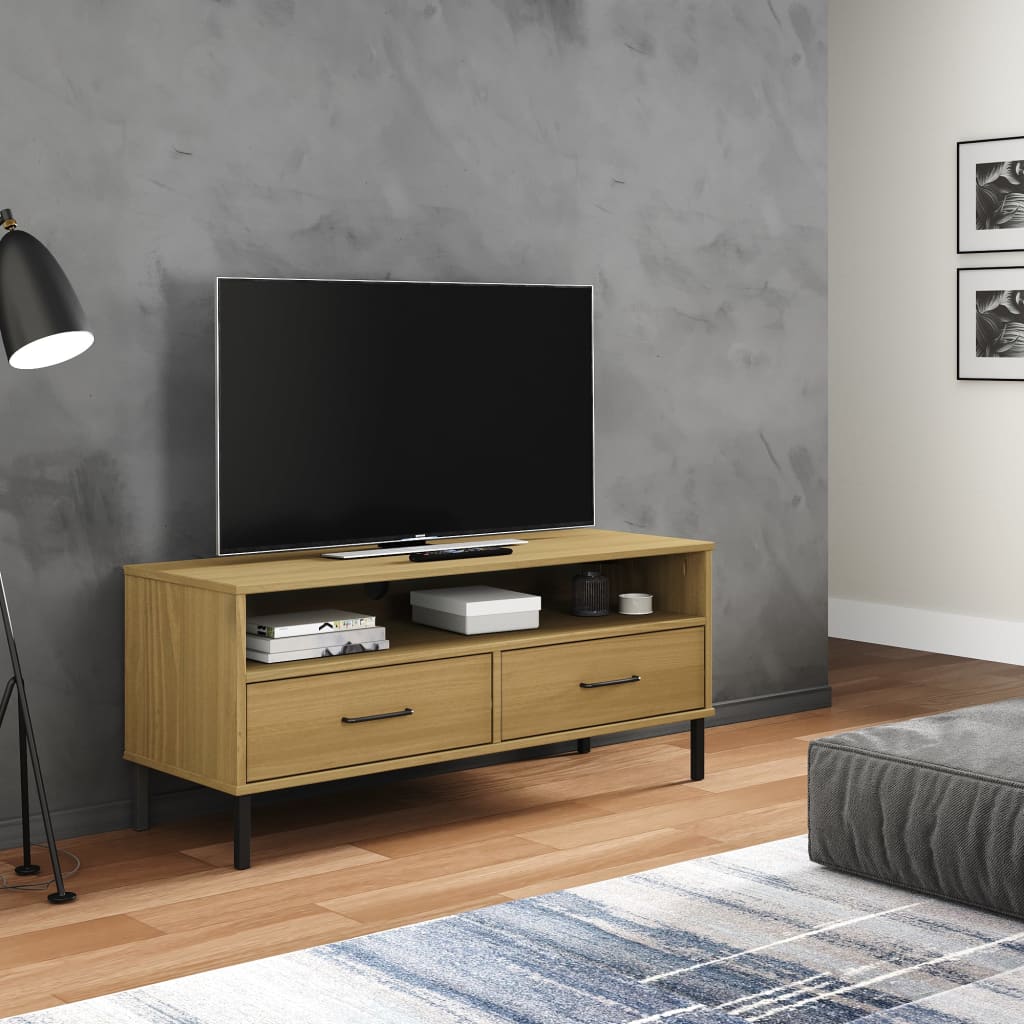 vidaXL TV Cabinet with Metal Legs Brown Solid Wood Pine "OSLO