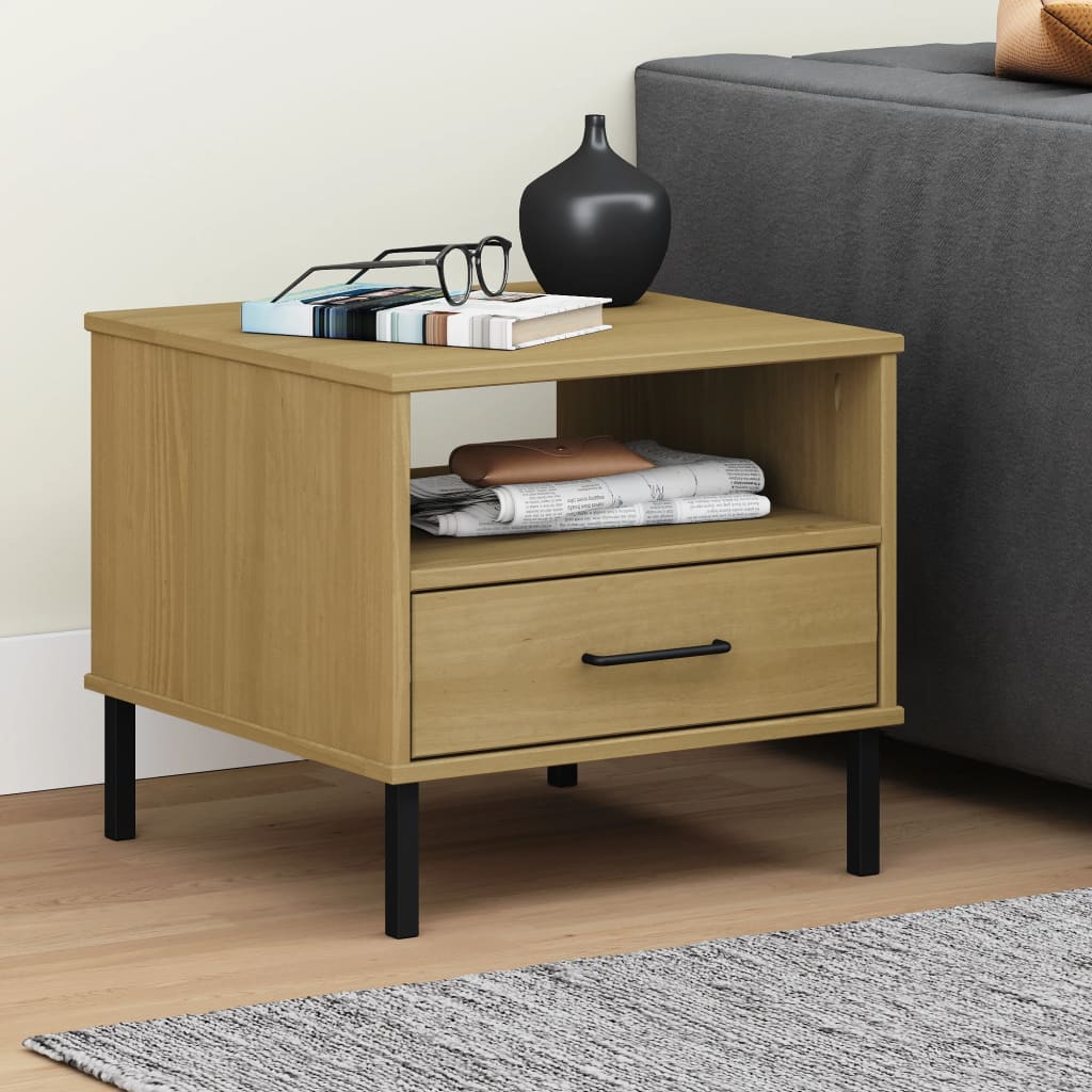 vidaXL Bedside Table with Metal Legs Brown Solid Wood Pine "OSLO