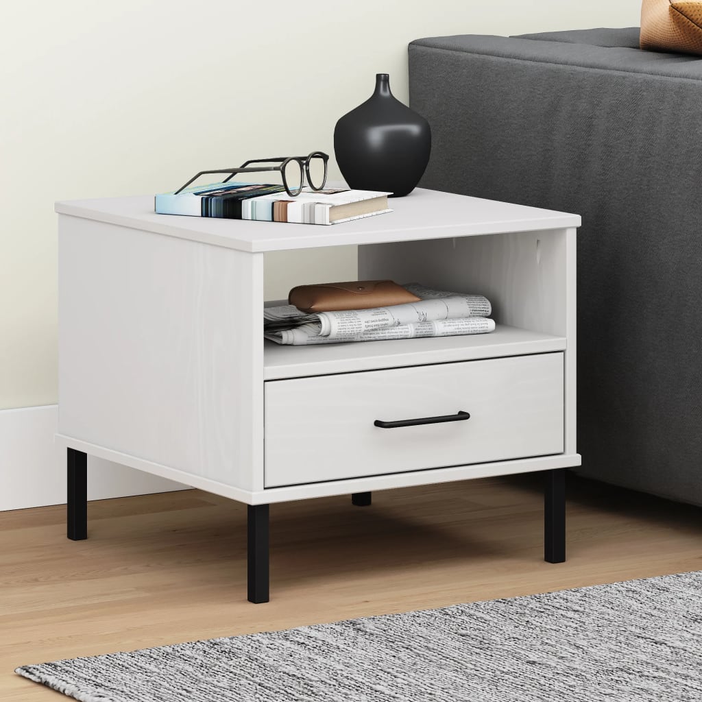 vidaXL Bedside Table with Metal Legs White Solid Wood Pine "OSLO
