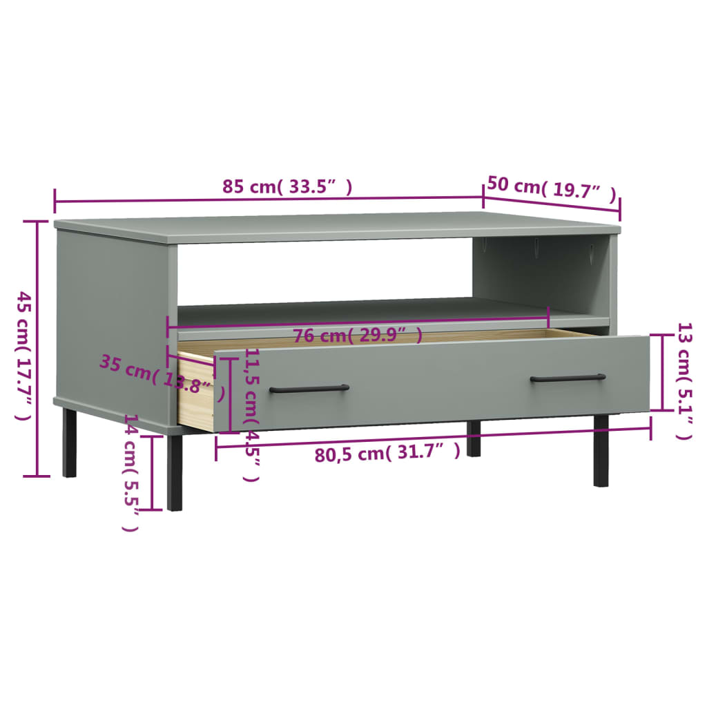 vidaXL Coffee Table with Metal Legs Grey 85x50x45 cm Solid Wood "OSLO