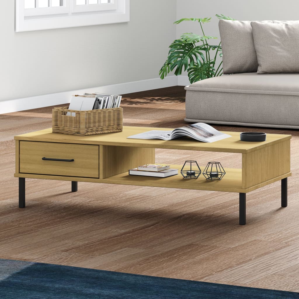 vidaXL Coffee Table with Metal Legs Brown Solid Wood Pine "OSLO