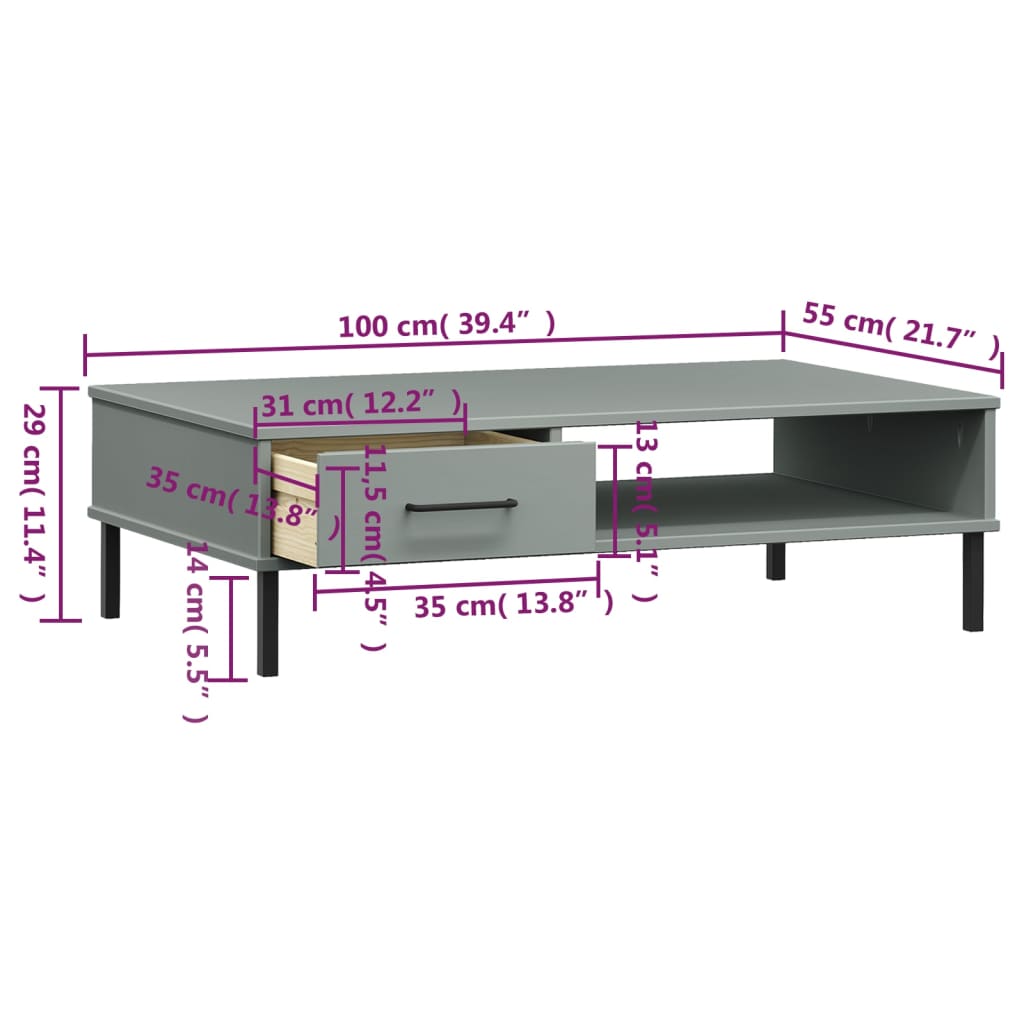 vidaXL Coffee Table with Metal Legs Grey Solid Wood Pine "OSLO