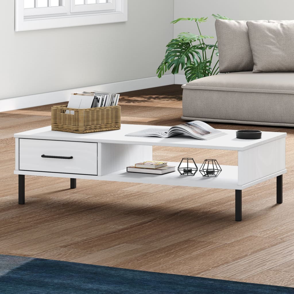 vidaXL Coffee Table with Metal Legs White Solid Wood Pine "OSLO