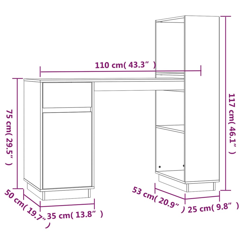 vidaXL Desk White 110x53x117 cm Solid Wood Pine