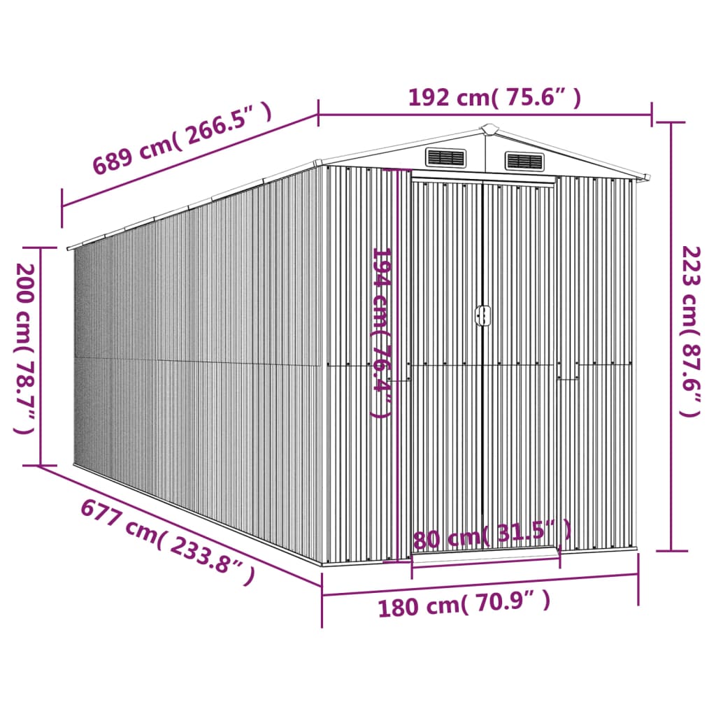 vidaXL Garden Shed Light Grey 192x689x223 cm Galvanised Steel