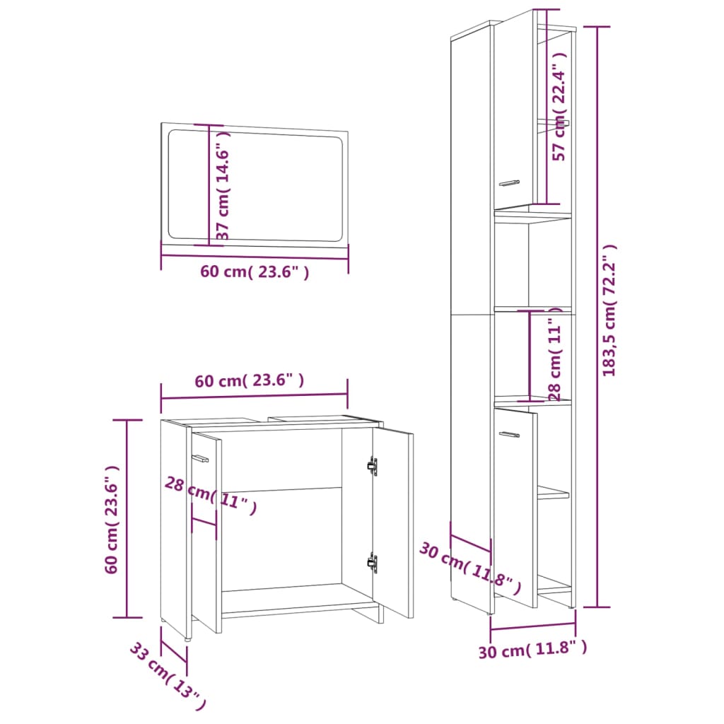 vidaXL 3 Piece Bathroom Furniture Set Smoked Oak Engineered Wood