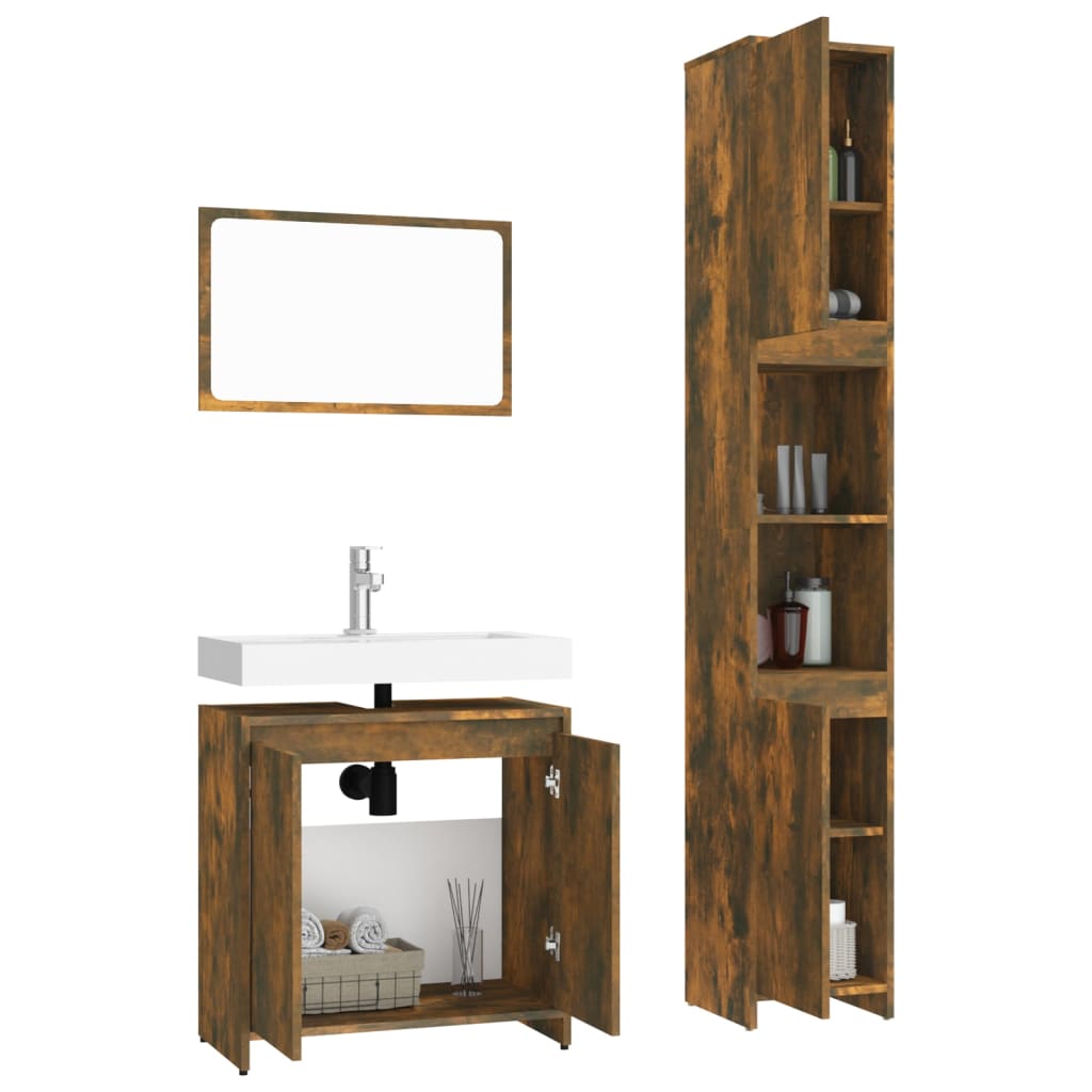 vidaXL 3 Piece Bathroom Furniture Set Smoked Oak Engineered Wood