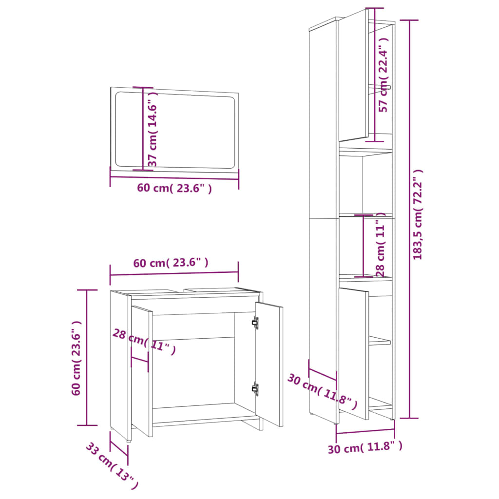 vidaXL 3 Piece Bathroom Furniture Set Smoked Oak Engineered Wood