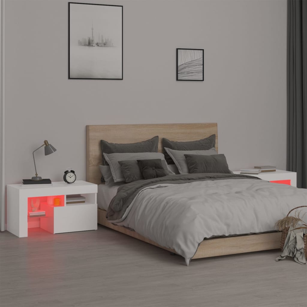 vidaXL Bedside Cabinets 2 pcs with LED Lights White 70x36.5x40 cm