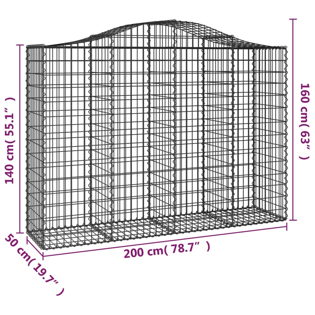 vidaXL Arched Gabion Basket 200x50x140/160 cm Galvanised Iron