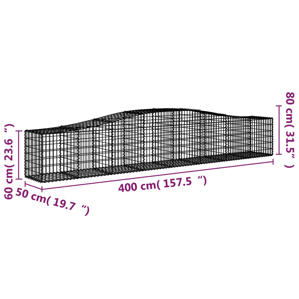 vidaXL Arched Gabion Basket 400x50x60/80 cm Galvanised Iron