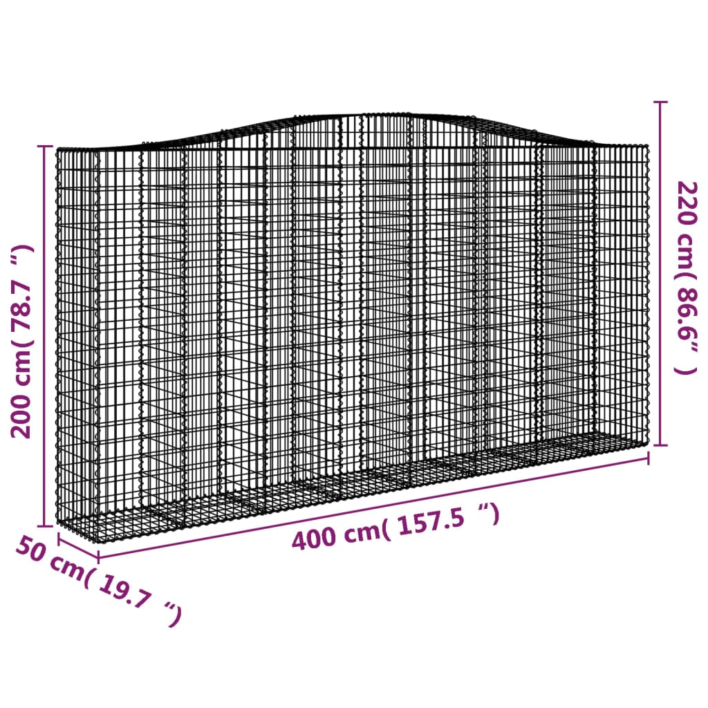 vidaXL Arched Gabion Basket 400x50x200/220 cm Galvanised Iron