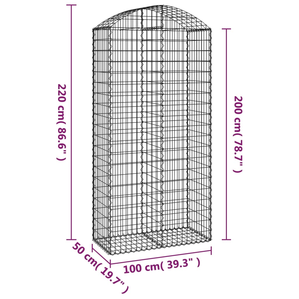 vidaXL Arched Gabion Basket 100x50x200/220 cm Galvanised Iron