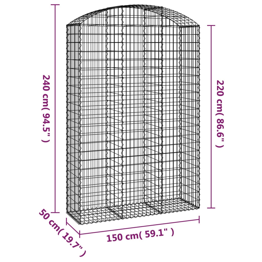 vidaXL Arched Gabion Basket 150x50x220/240 cm Galvanised Iron