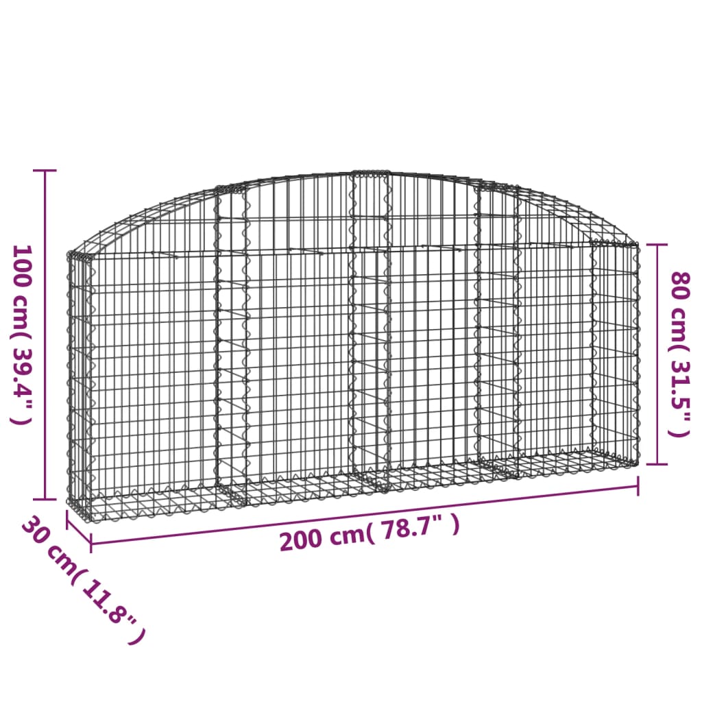 vidaXL Arched Gabion Basket 200x30x80/100 cm Galvanised Iron