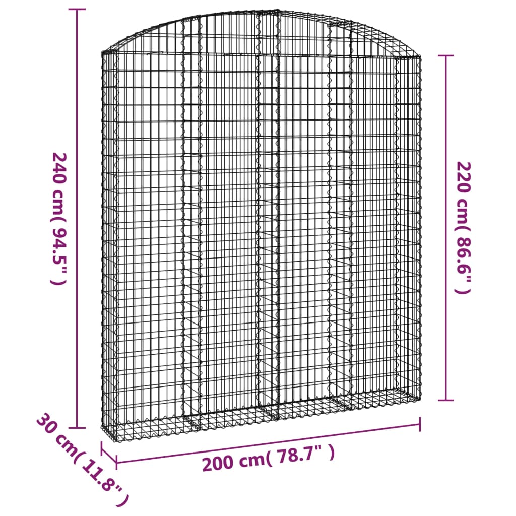 vidaXL Arched Gabion Basket 200x30x220/240 cm Galvanised Iron