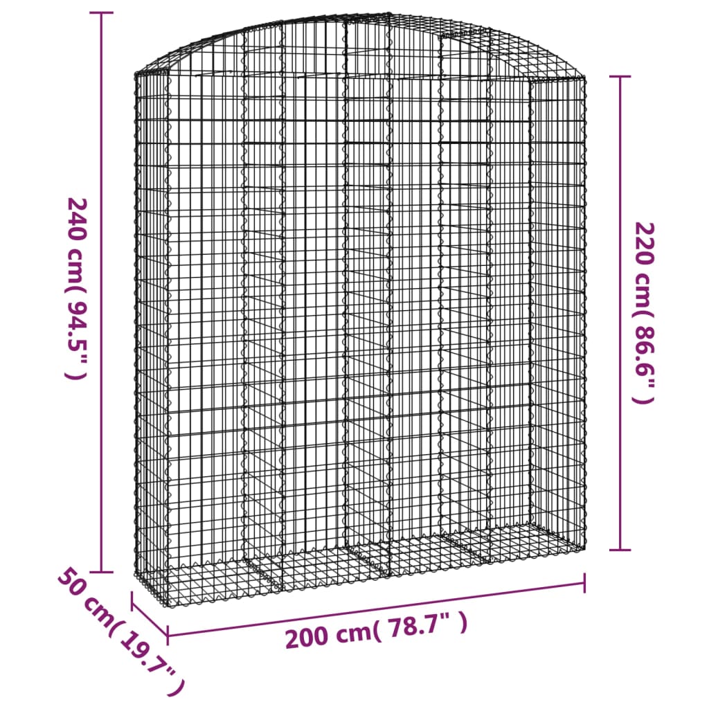 vidaXL Arched Gabion Basket 200x50x220/240 cm Galvanised Iron