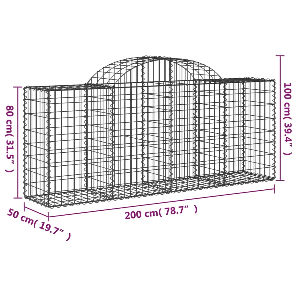 vidaXL Arched Gabion Basket 200x50x80/100 cm Galvanised Iron