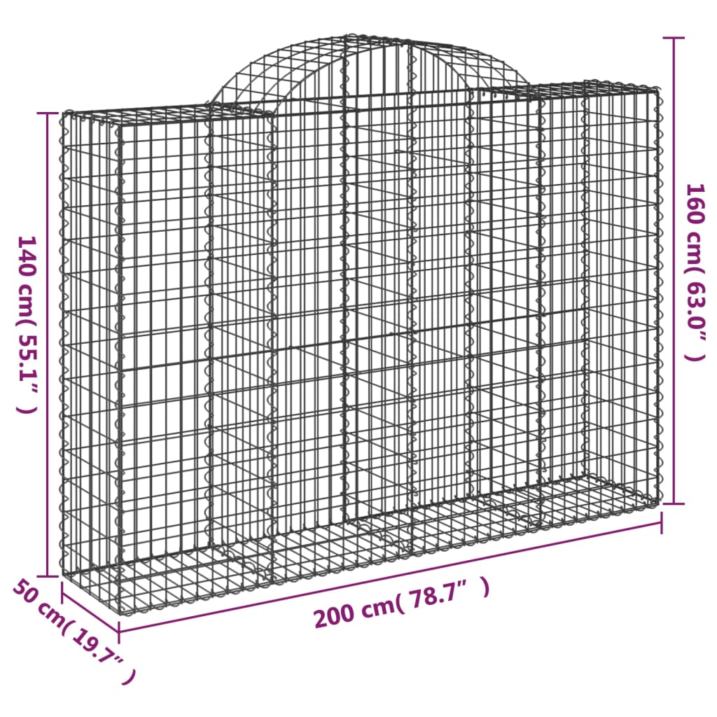 vidaXL Arched Gabion Basket 200x50x140/160 cm Galvanised Iron