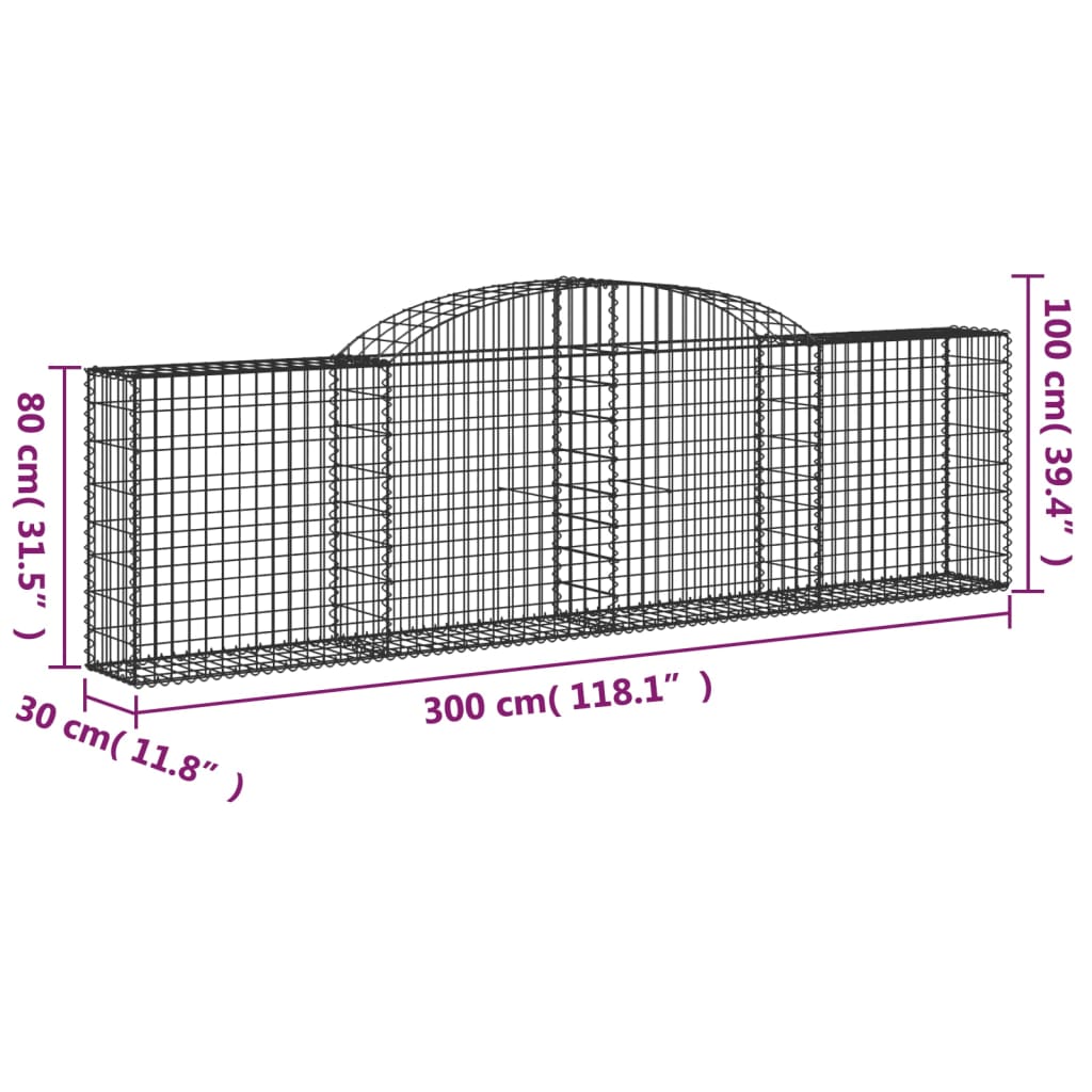 vidaXL Arched Gabion Basket 300x30x80/100 cm Galvanised Iron