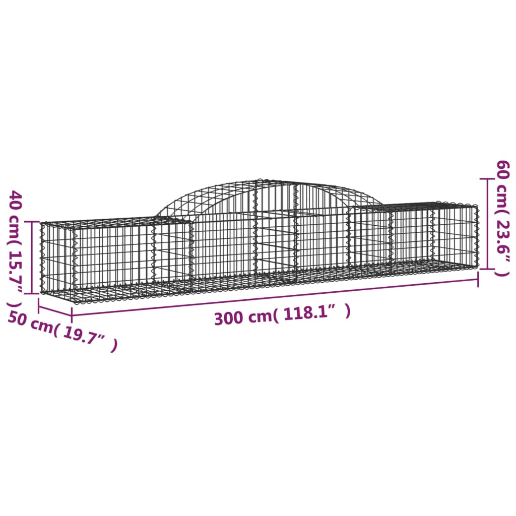 vidaXL Arched Gabion Basket 300x50x40/60 cm Galvanised Iron